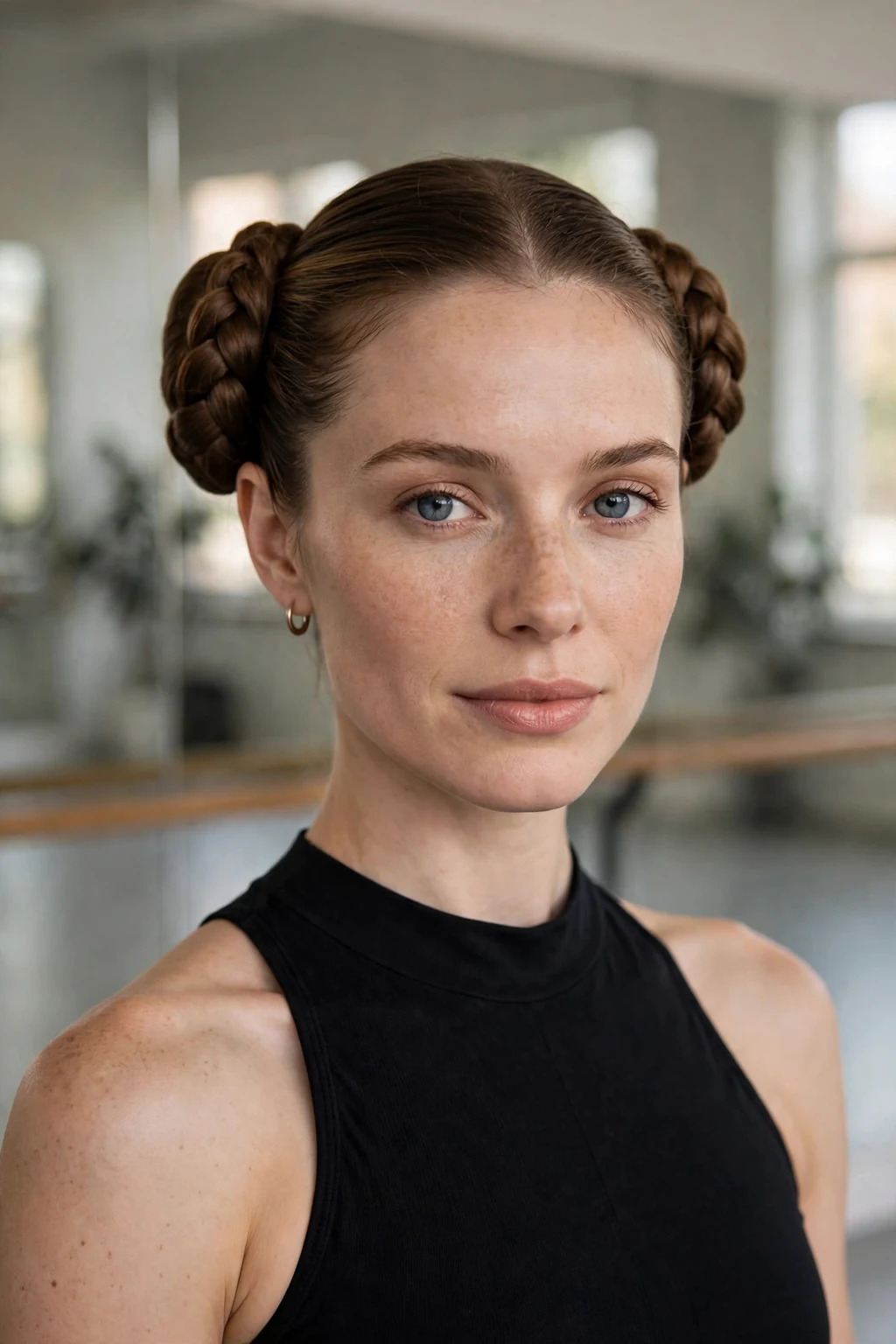 Beautiful woman with double dutch ballerina bun, sleek double dutch ballerina, graceful light.