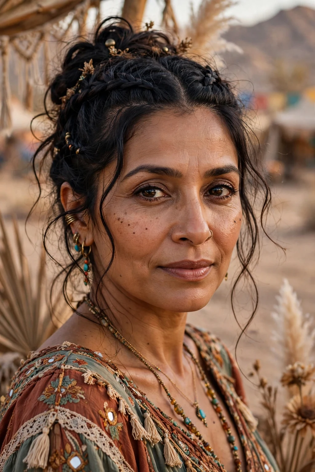 Beautiful woman with double dutch boho updo, free-spirited double dutch boho, whimsical light.