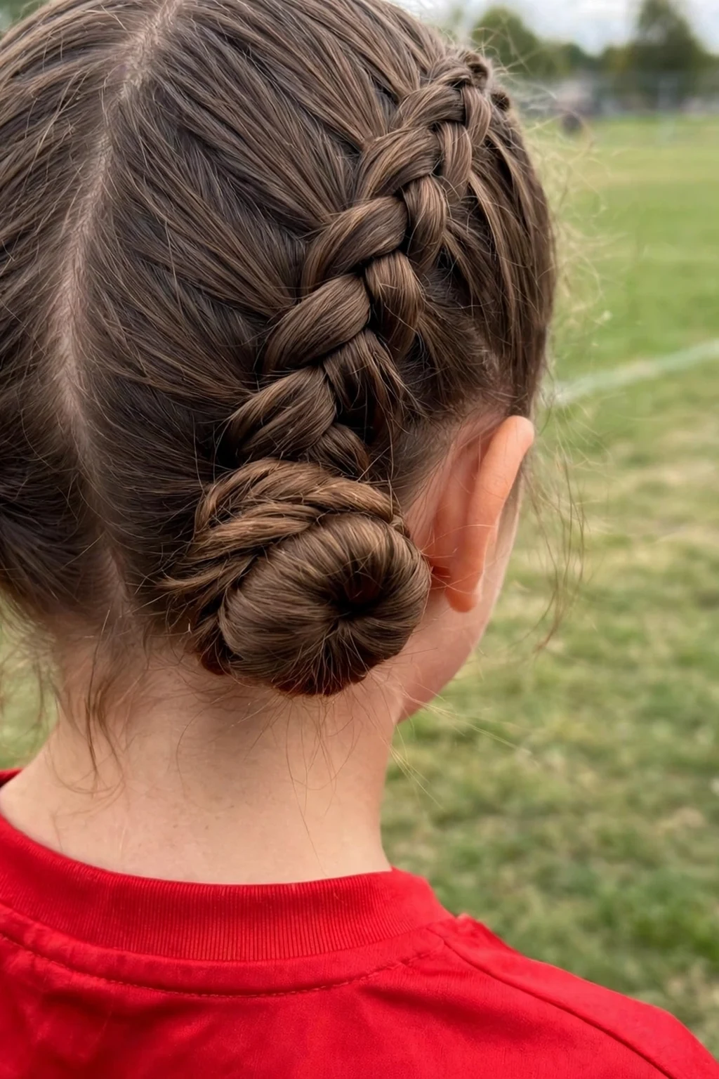 A young girl with double Dutch braids coiled into two low buns, on a grass soccer field.