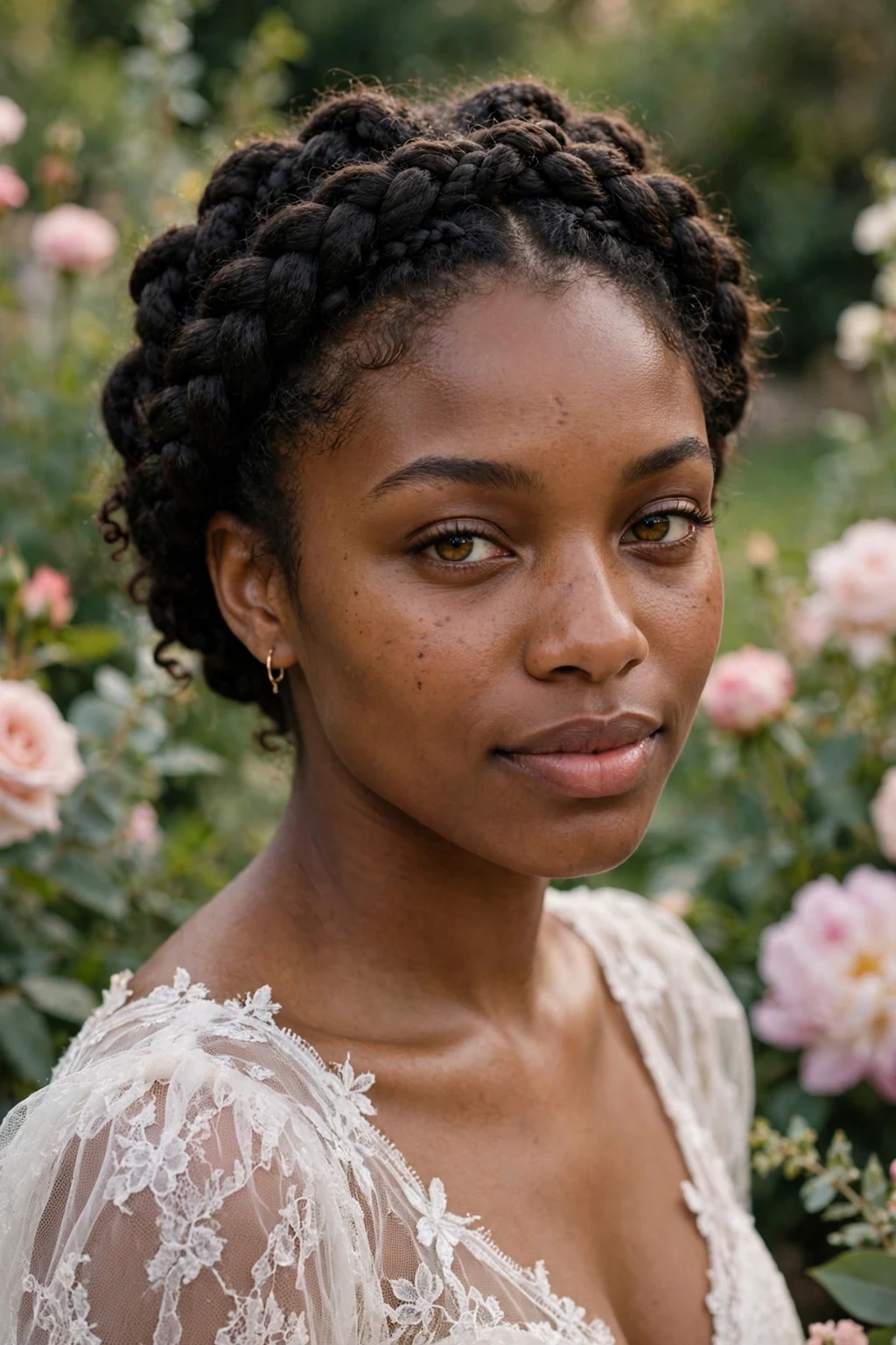 Beautiful woman with double dutch braided crown, romantic double dutch crown, soft light.