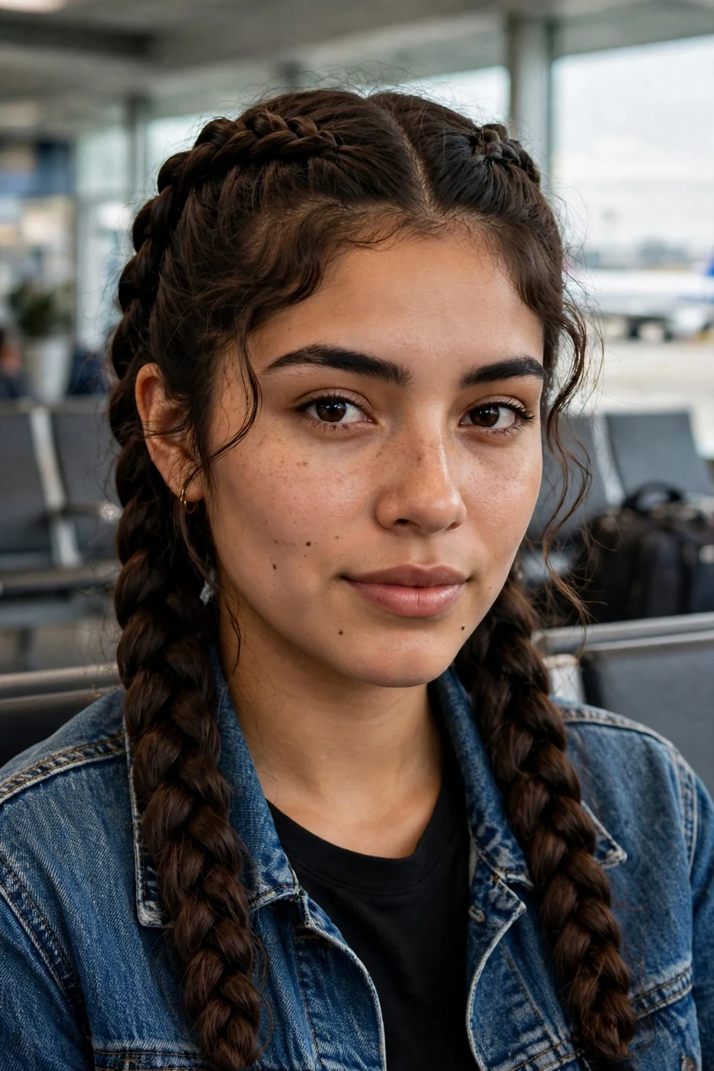 Young woman with double Dutch braids hairstyle at an airport gate, wearing a denim jacket over a black top.