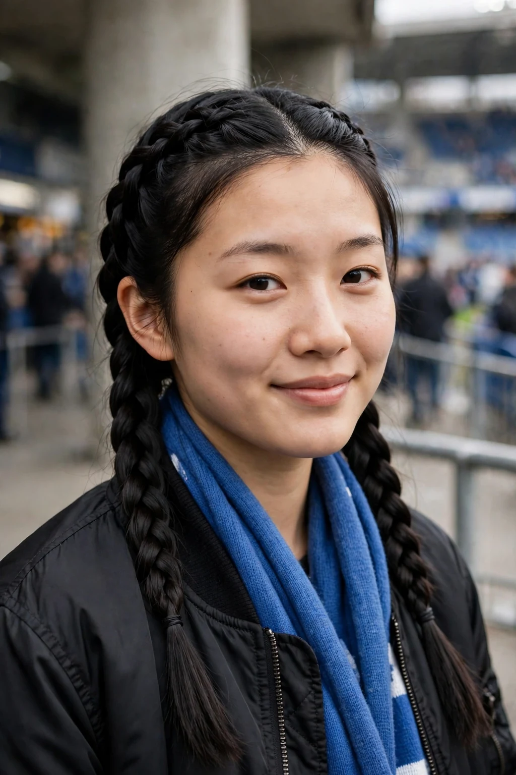 Young woman in a soccer stadium wearing a team scarf with two neat Dutch braids.