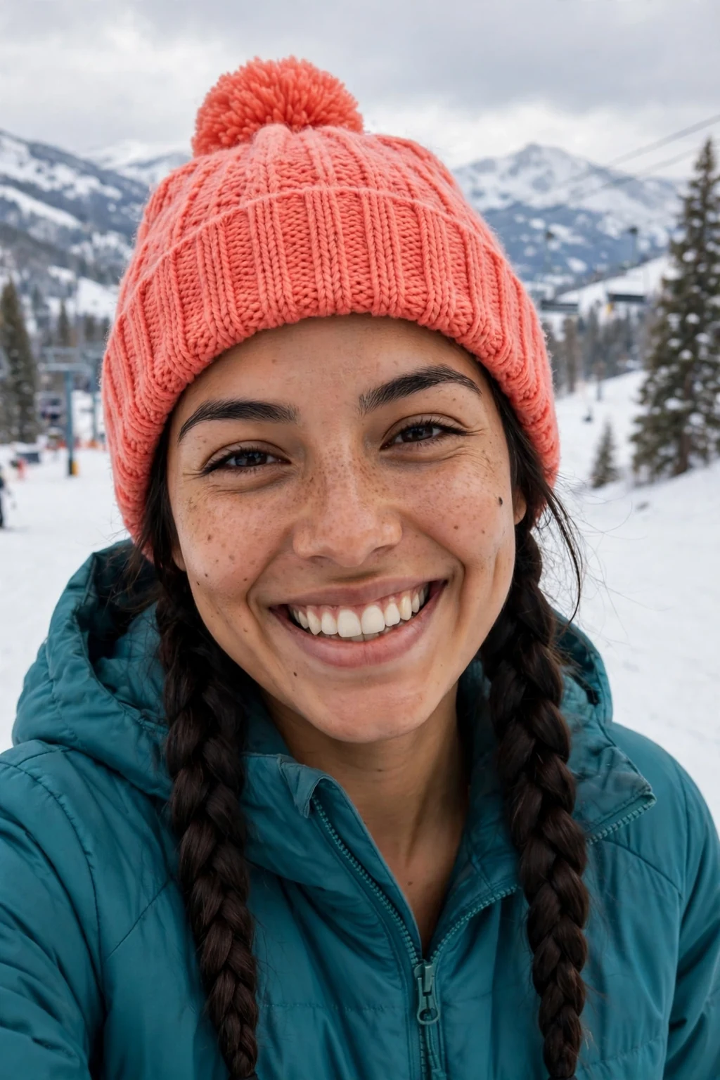 Young woman with two neat Dutch braids and a pom-pom beanie, wearing a teal coat on a ski slope.