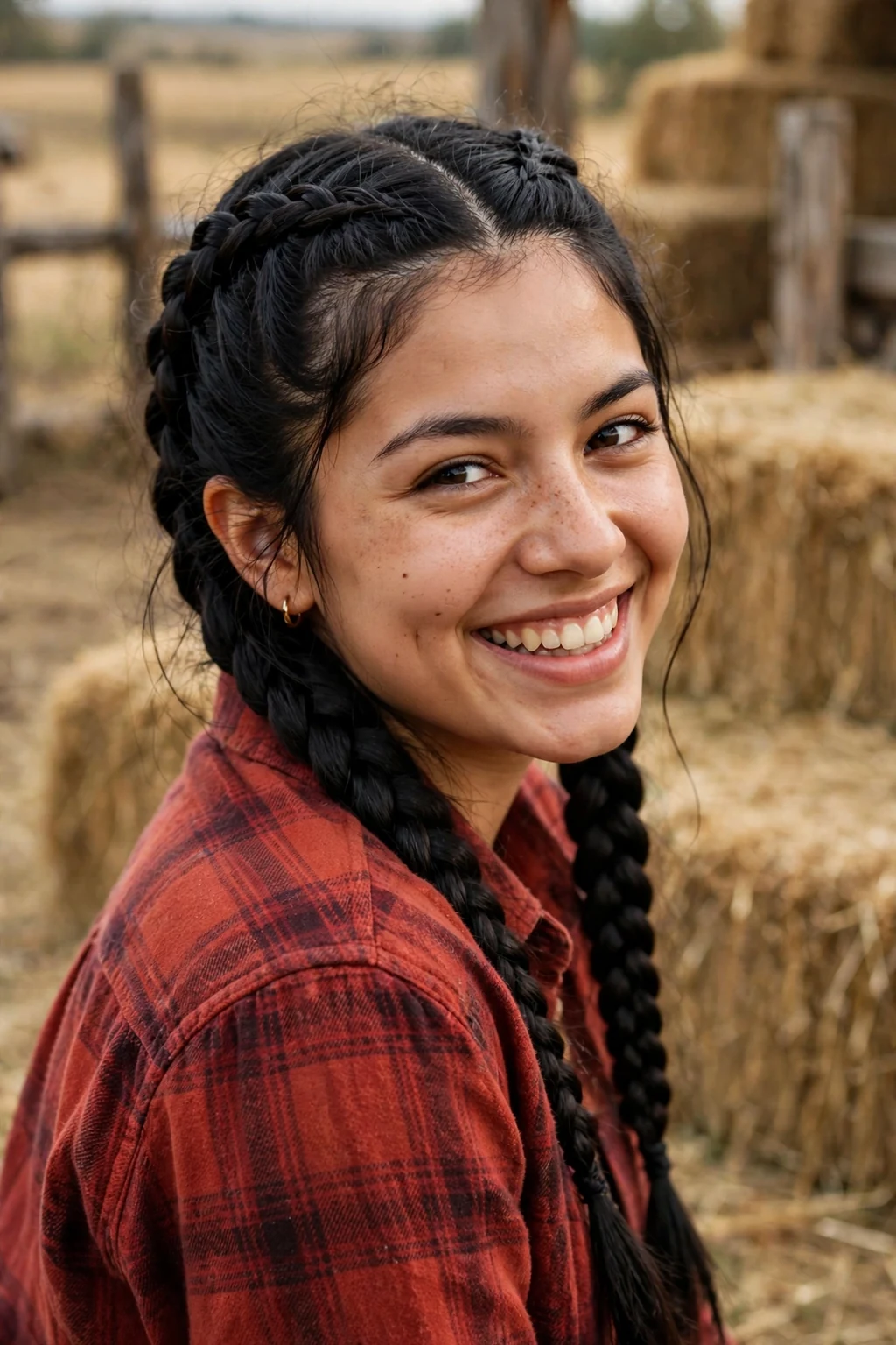 Young woman with double Dutch braids hairstyle at a family farm.