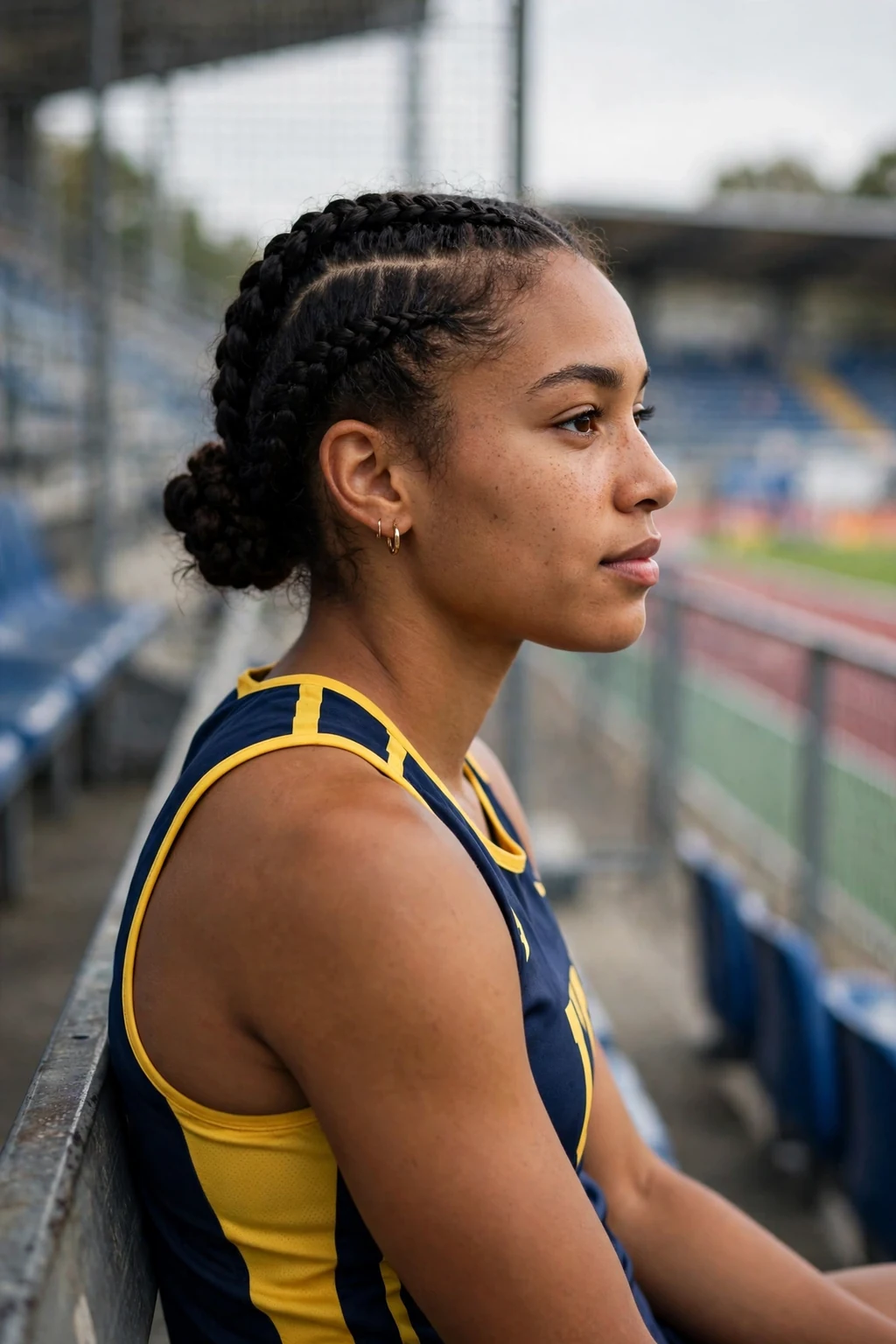 A young woman athlete with double Dutch braids into a bun on a track.