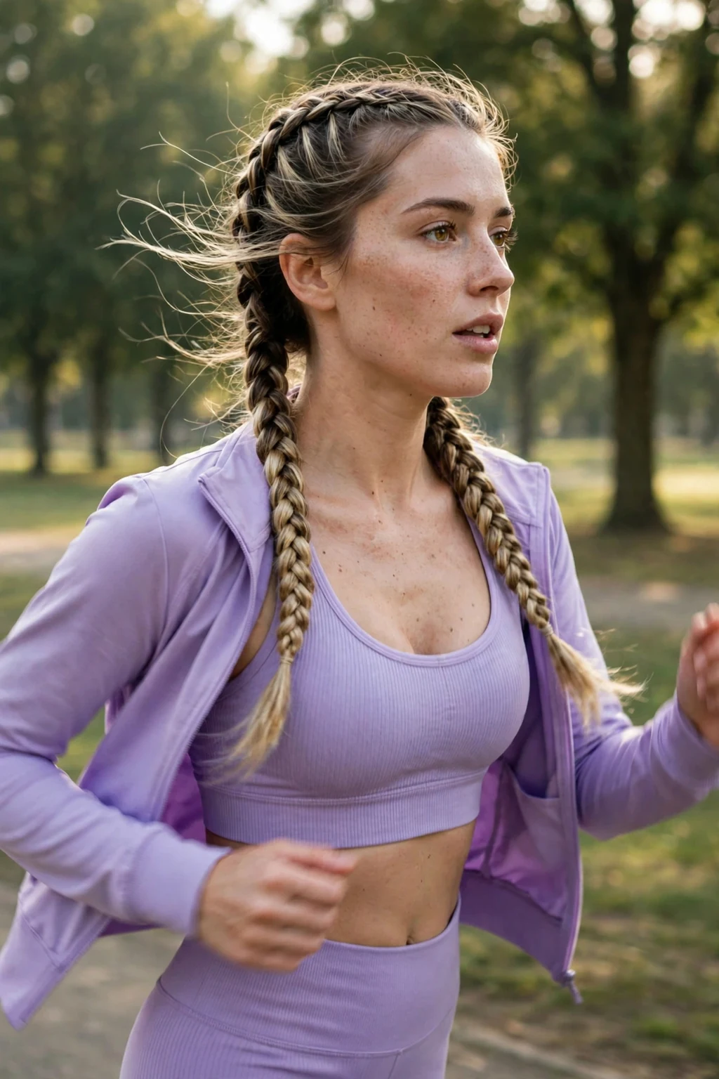 A young woman with double Dutch braids and sporty style, jogging in a park wearing a lilac athletic set.