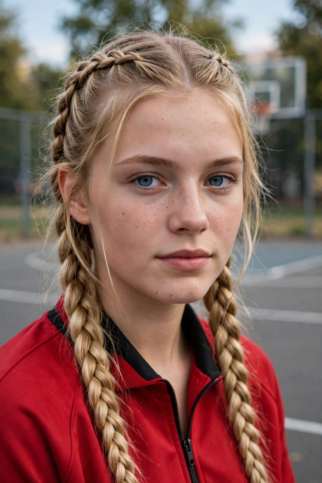 A young woman with two Dutch braids, wearing a red tracksuit top on a basketball court.