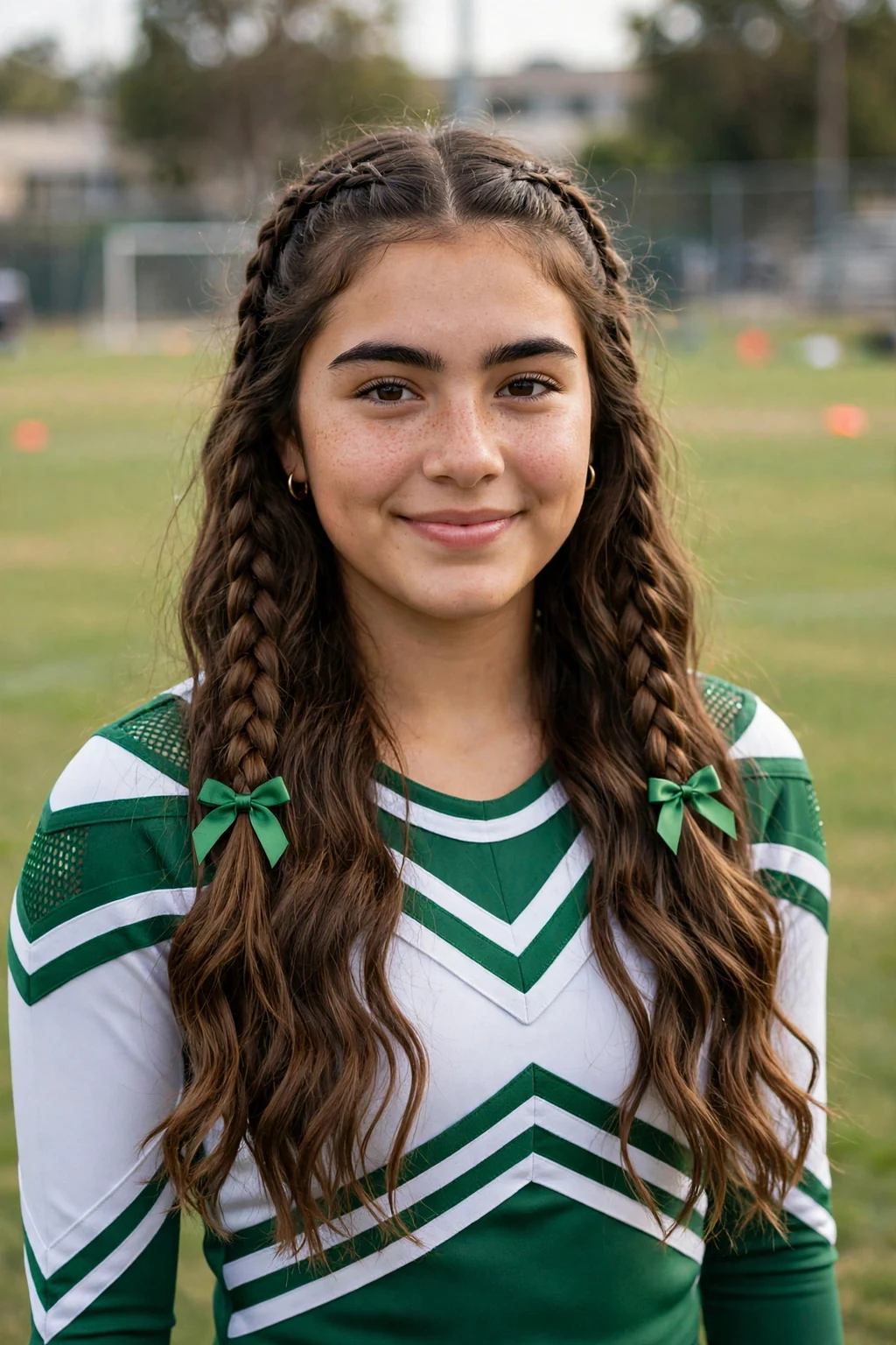 Young cheerleader with two Dutch braids finished with small green bows, on an outdoor practice field.