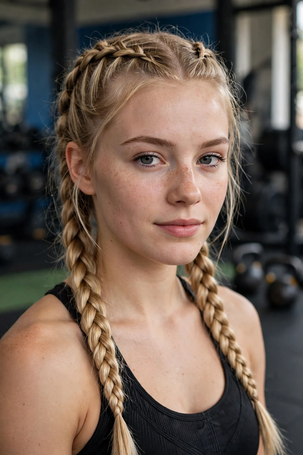 Beautiful woman with double dutch braids, sporty double braids, athletic light.