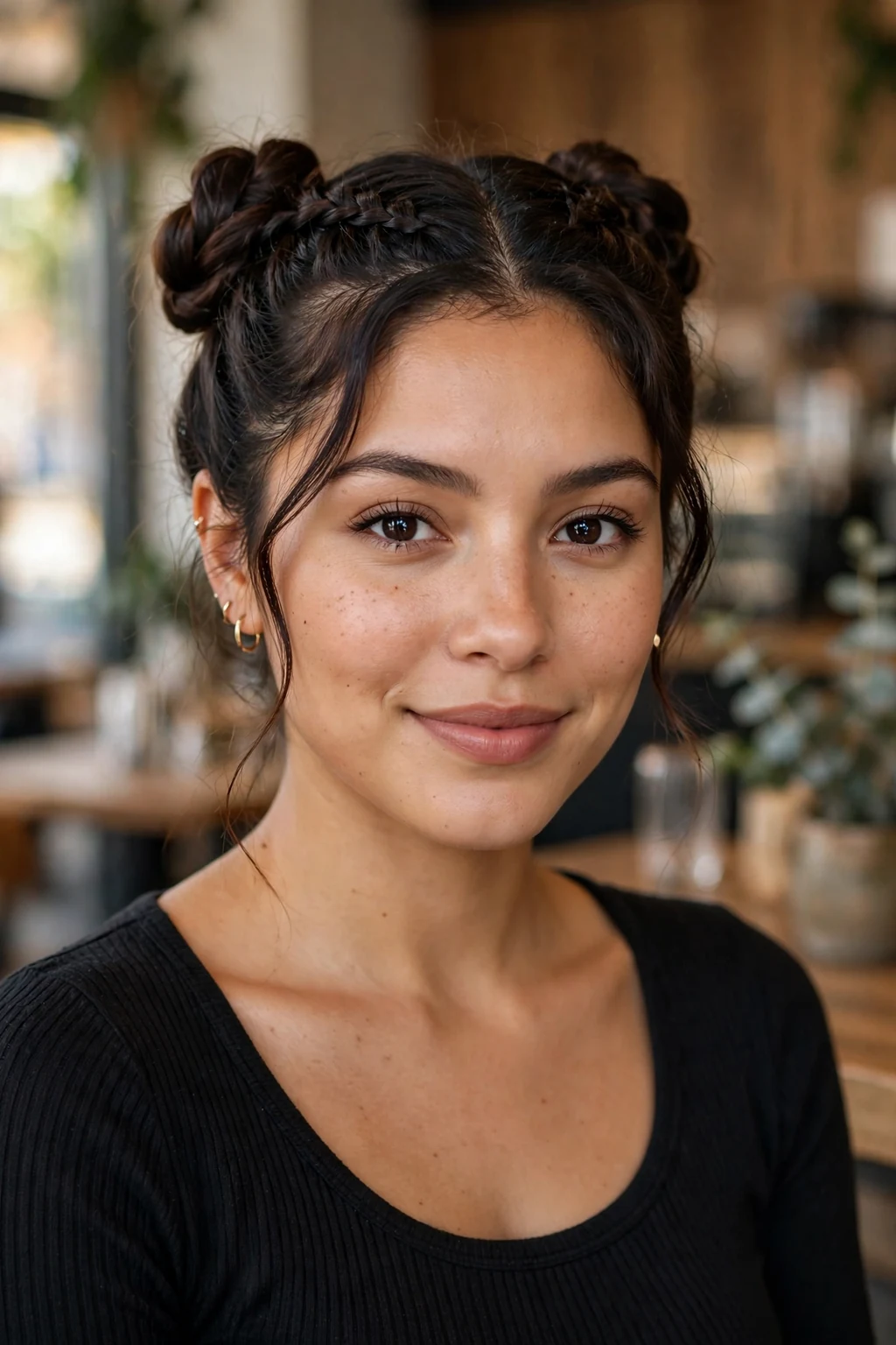 Beautiful woman with double dutch bun, chic double dutch bun, modern light.