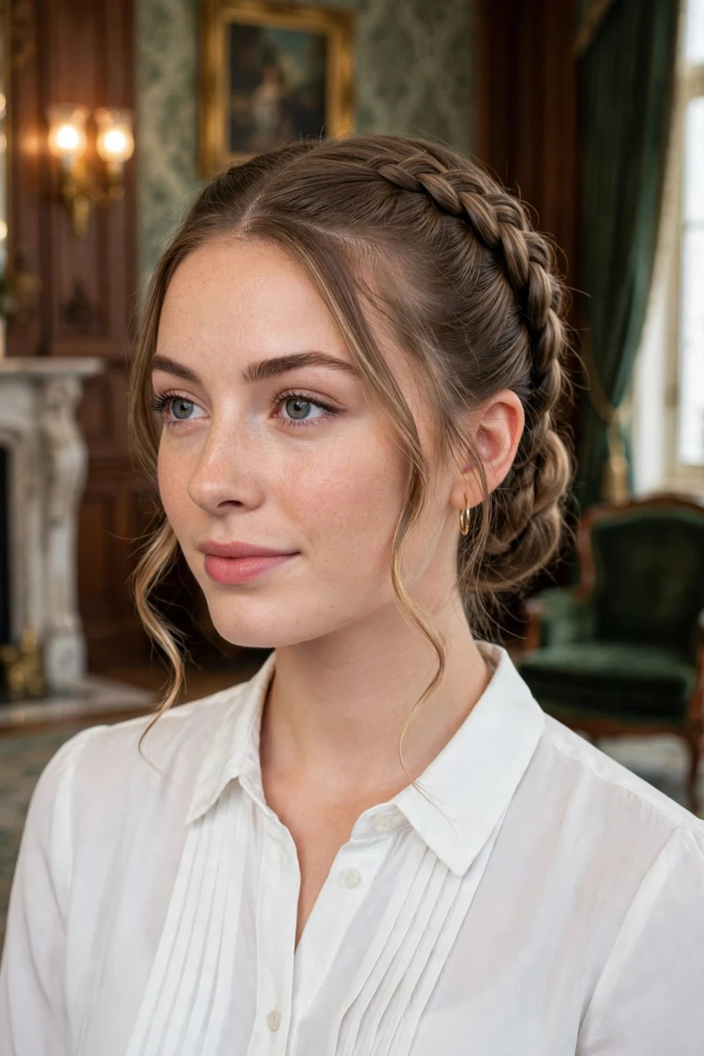 Beautiful woman with double dutch chignon, sophisticated double dutch chignon, classic light.
