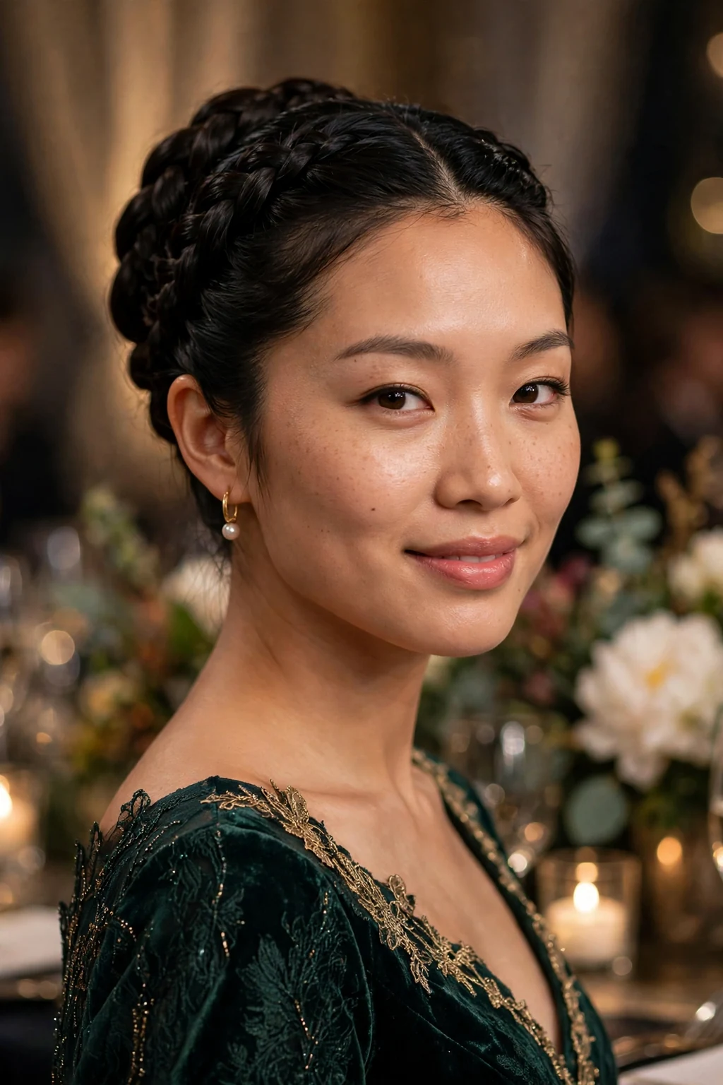 Beautiful woman with double dutch elegant updo, sophisticated double dutch elegance, refined light.