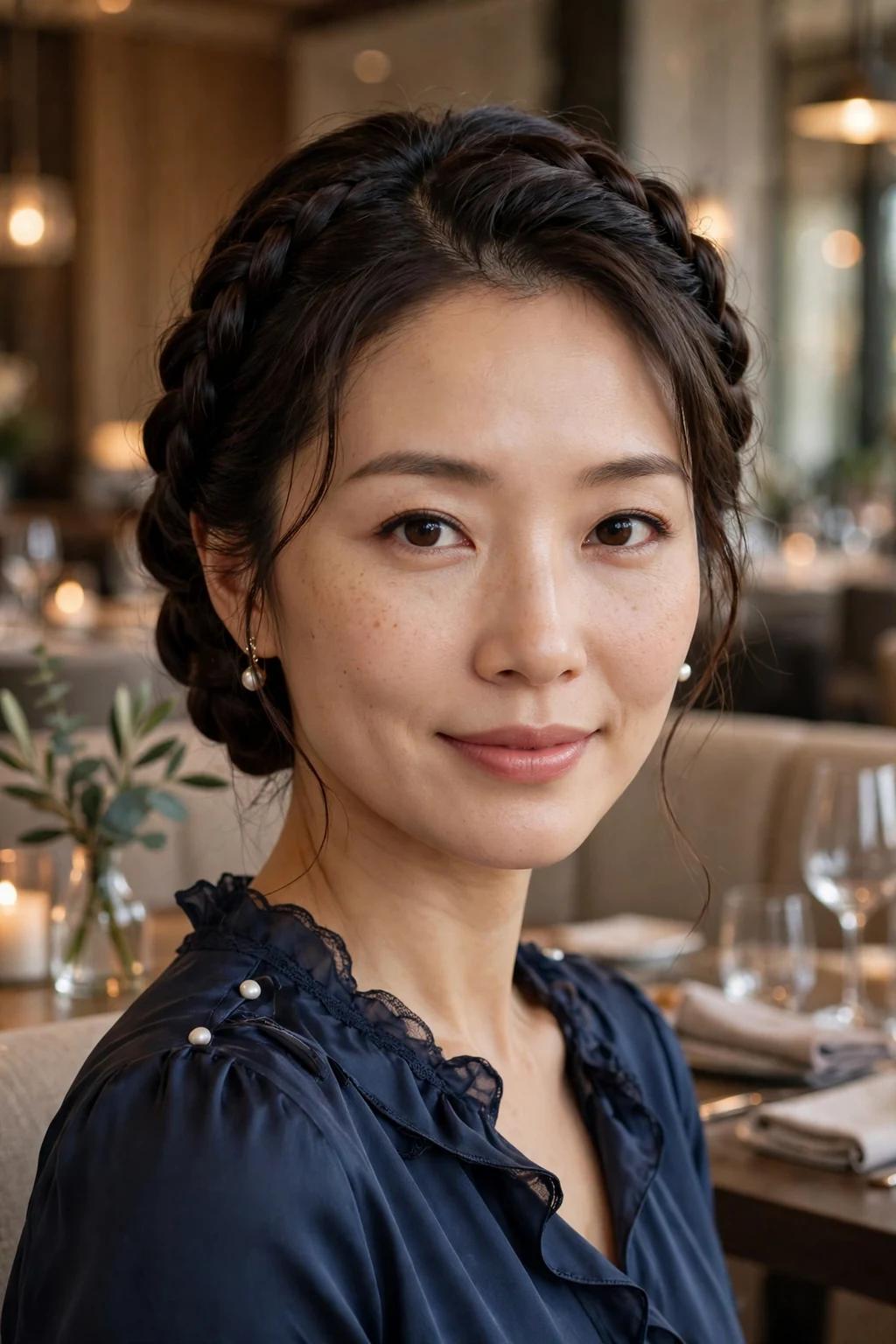 Beautiful woman with double dutch french twist, elegant double dutch twist, refined light.