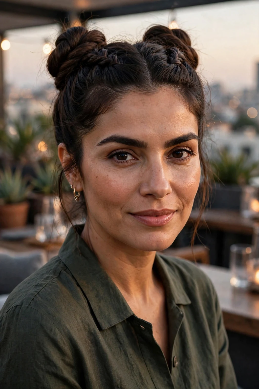 Beautiful woman with double dutch knotted updo, modern double dutch knots, trendy light.