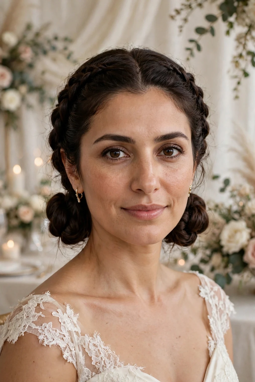 Beautiful woman with double dutch low bun, elegant double dutch low bun, refined light.