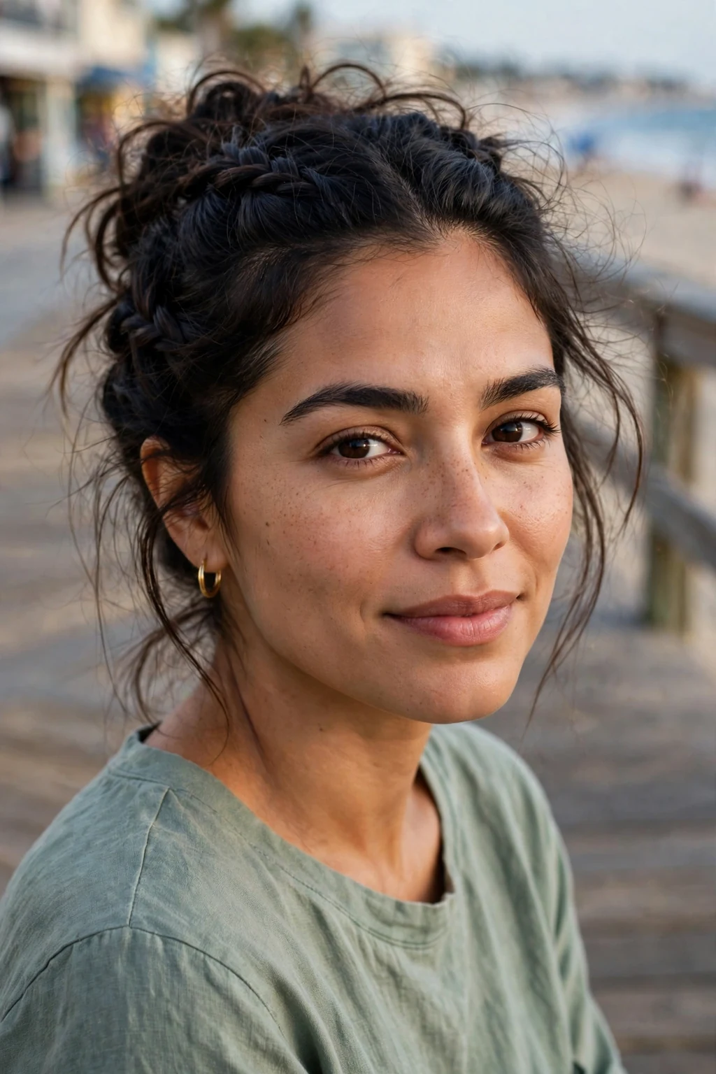 Beautiful woman with double dutch messy updo, relaxed double dutch messy updo, effortless light.