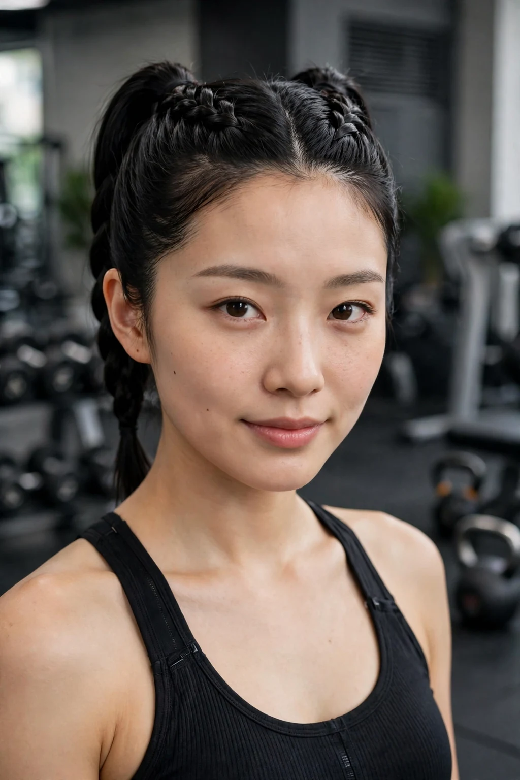 Beautiful woman with double dutch ponytail updo, sleek double dutch pony, sporty light.