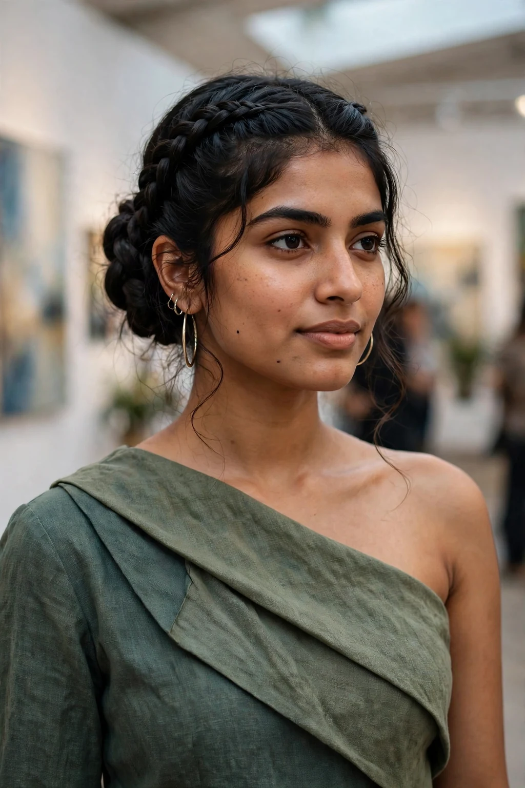 Beautiful woman with double dutch side updo, chic double dutch side updo, asymmetrical light.