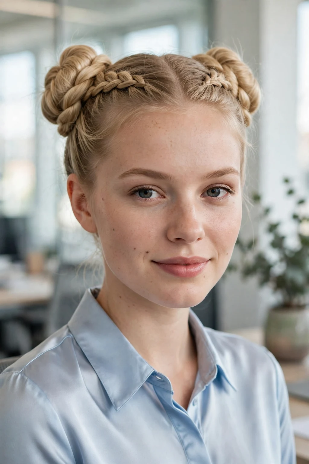 Beautiful woman with double dutch sock bun, perfect double dutch sock bun, polished light.