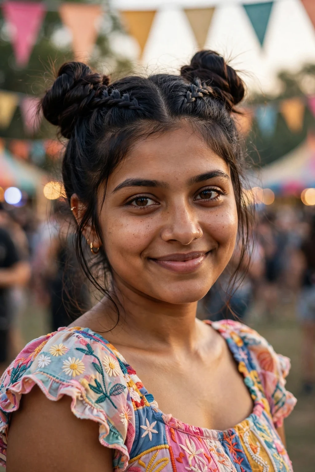Beautiful woman with double dutch space buns, fun double dutch space buns, playful light.