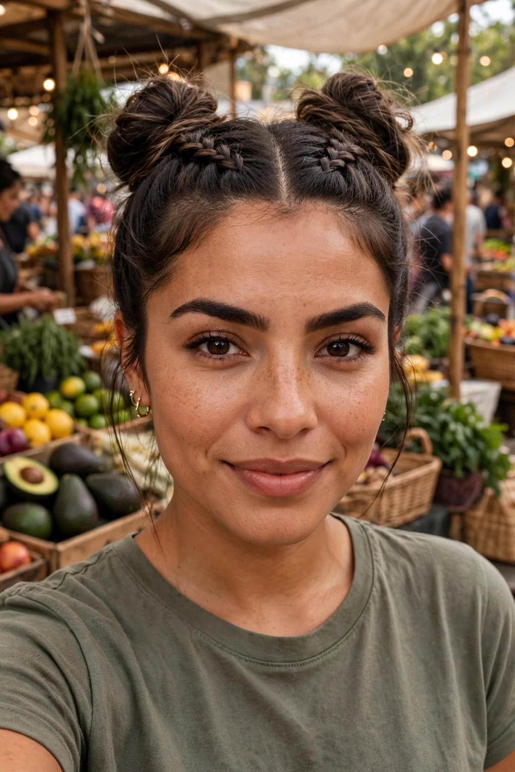 Beautiful woman with double dutch top knot, trendy double dutch top knot, casual light.