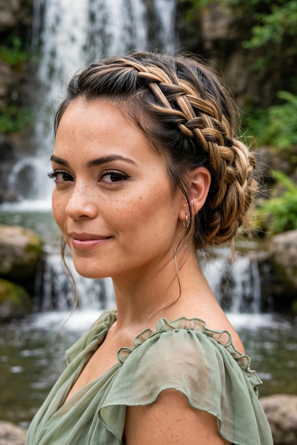 Beautiful woman with double dutch waterfall updo, cascading double dutch updo, flowing light.
