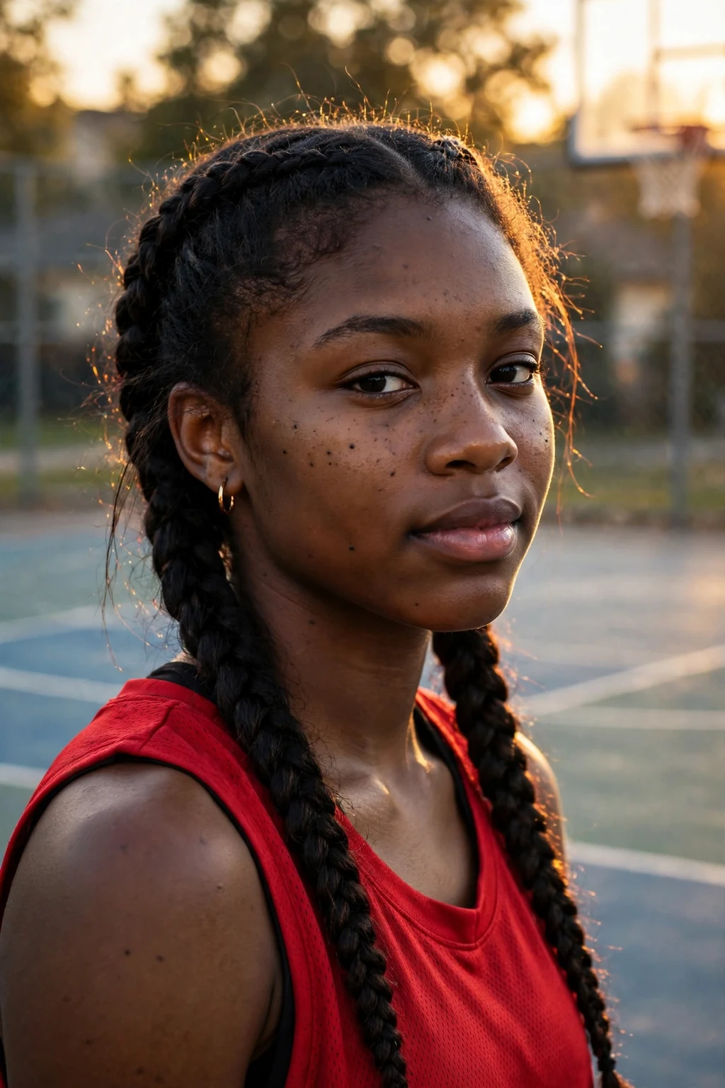 Young woman athlete with double French braids on a basketball court, wearing a red jersey.