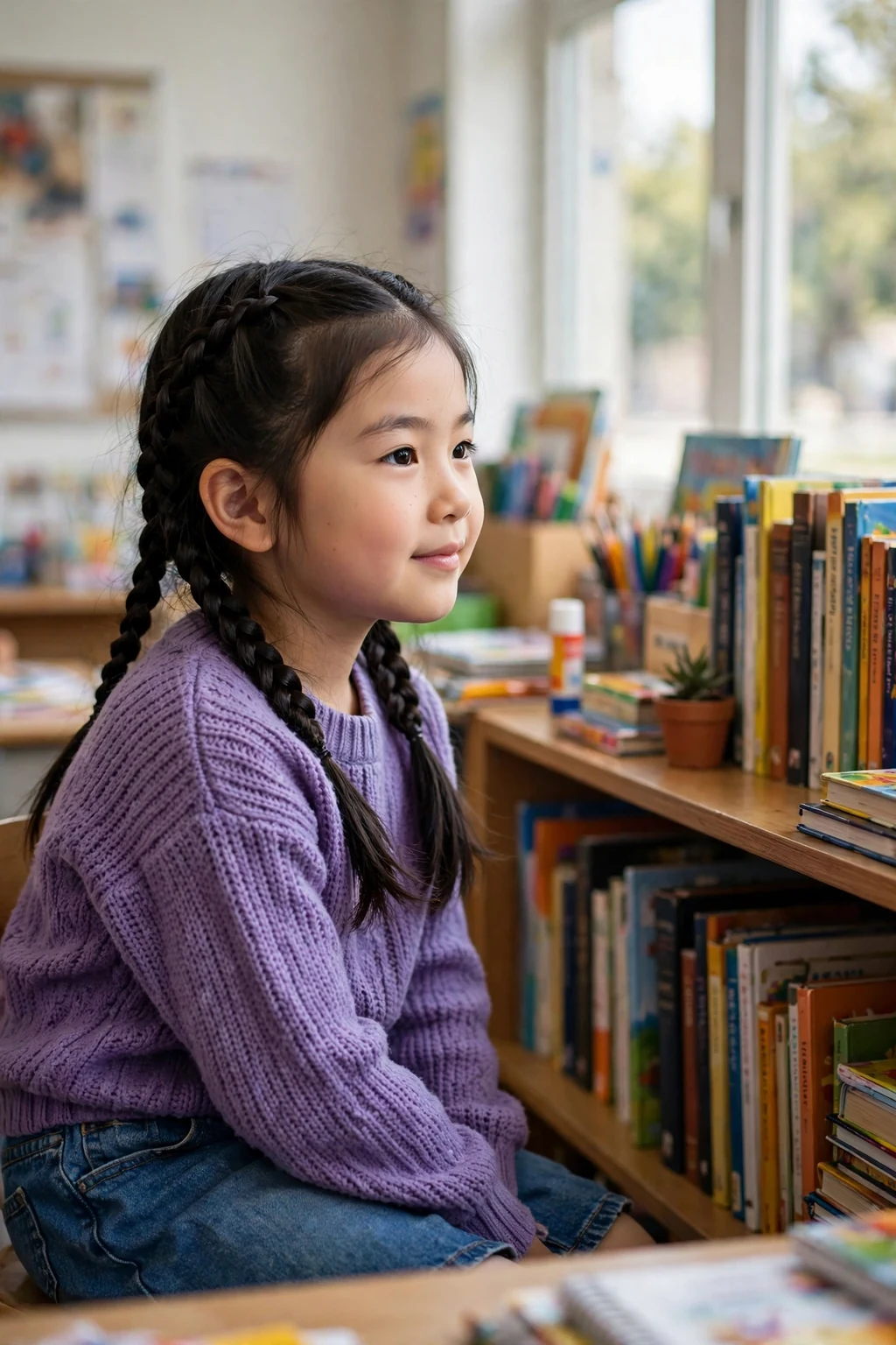 A schoolgirl with two neat French braids and a purple sweater in a classroom.