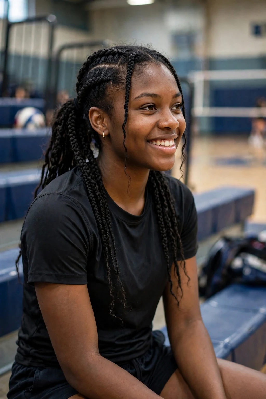Young woman at a volleyball game in athletic wear with double French braids into ponytails.
