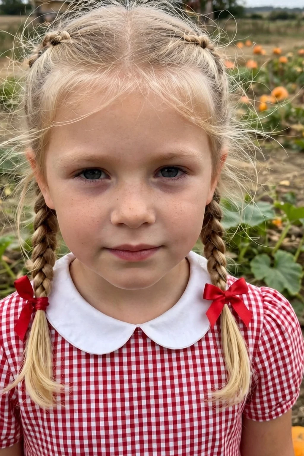 A young girl with double French braids tied with red ribbons, standing in a pumpkin patch.