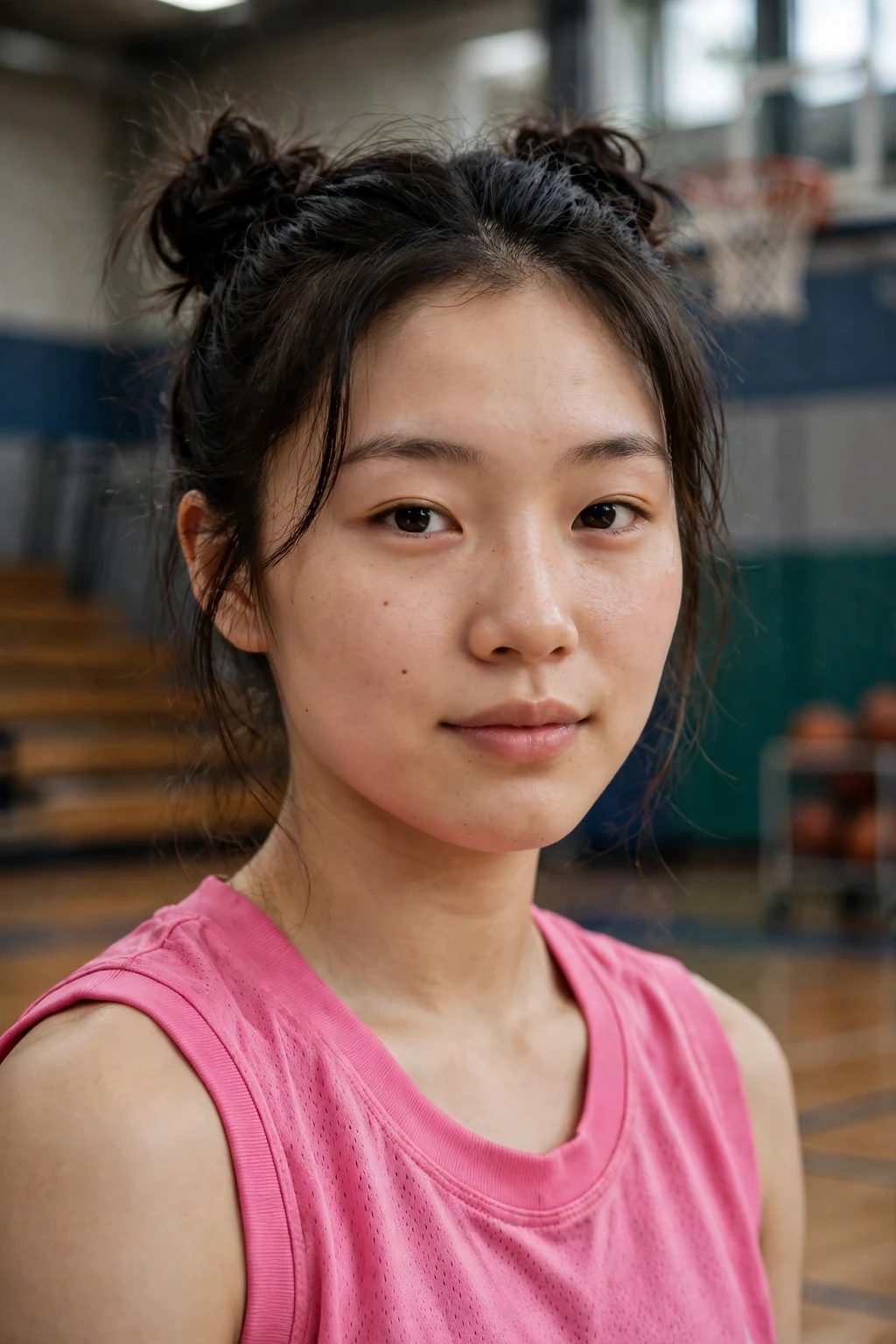Young woman athlete with double space buns, wearing a pink jersey.