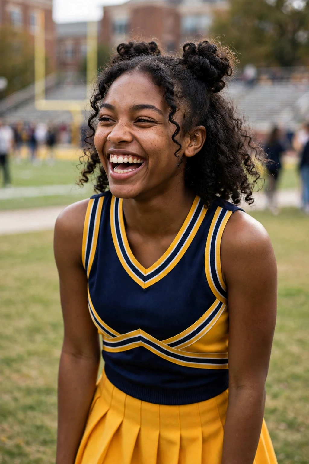 Young woman at a college football game in a cheer outfit with double space buns.