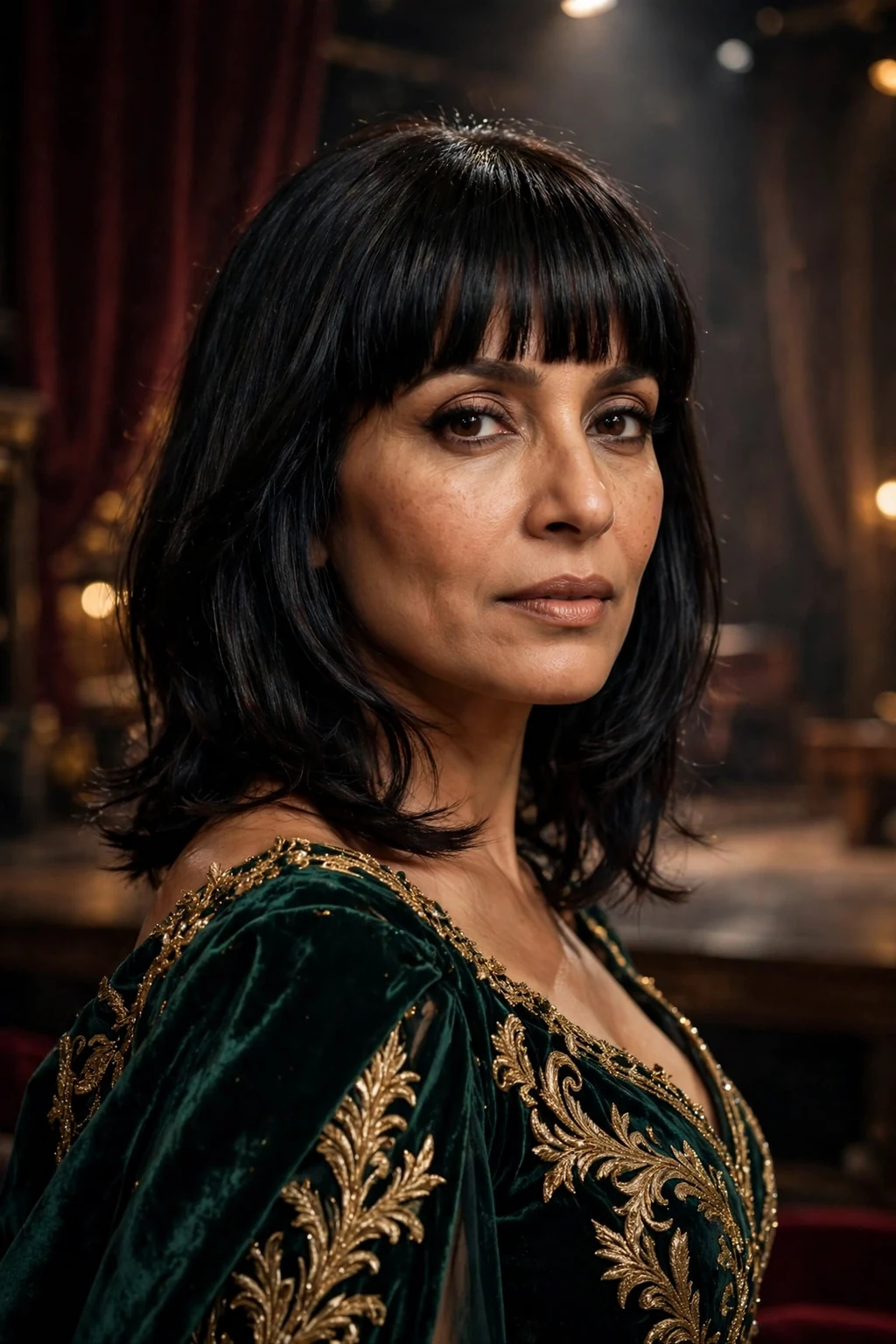 Beautiful woman with dramatic bangs, striking dramatic bangs, bold light.