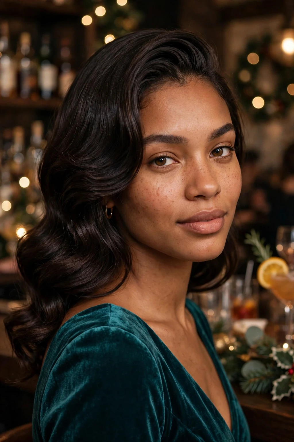 A young woman with a dramatic deep side part and sleek waves at a party, wearing a teal velvet dress.