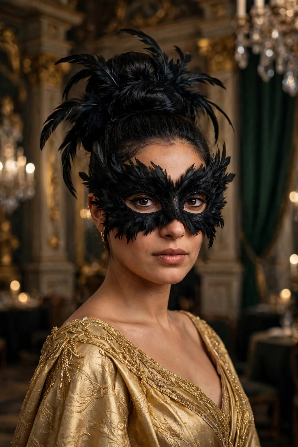 Young woman with a dramatic high bun with feathers and a masquerade mask.