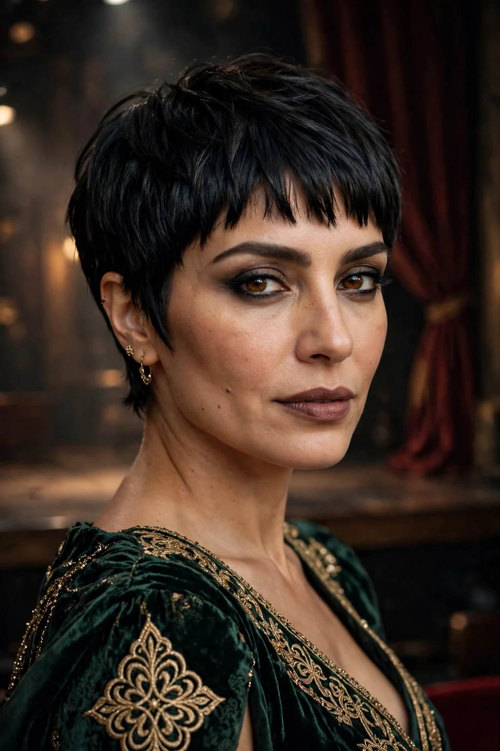 Beautiful woman with dramatic pixie bangs, striking dramatic pixie bangs, bold light.