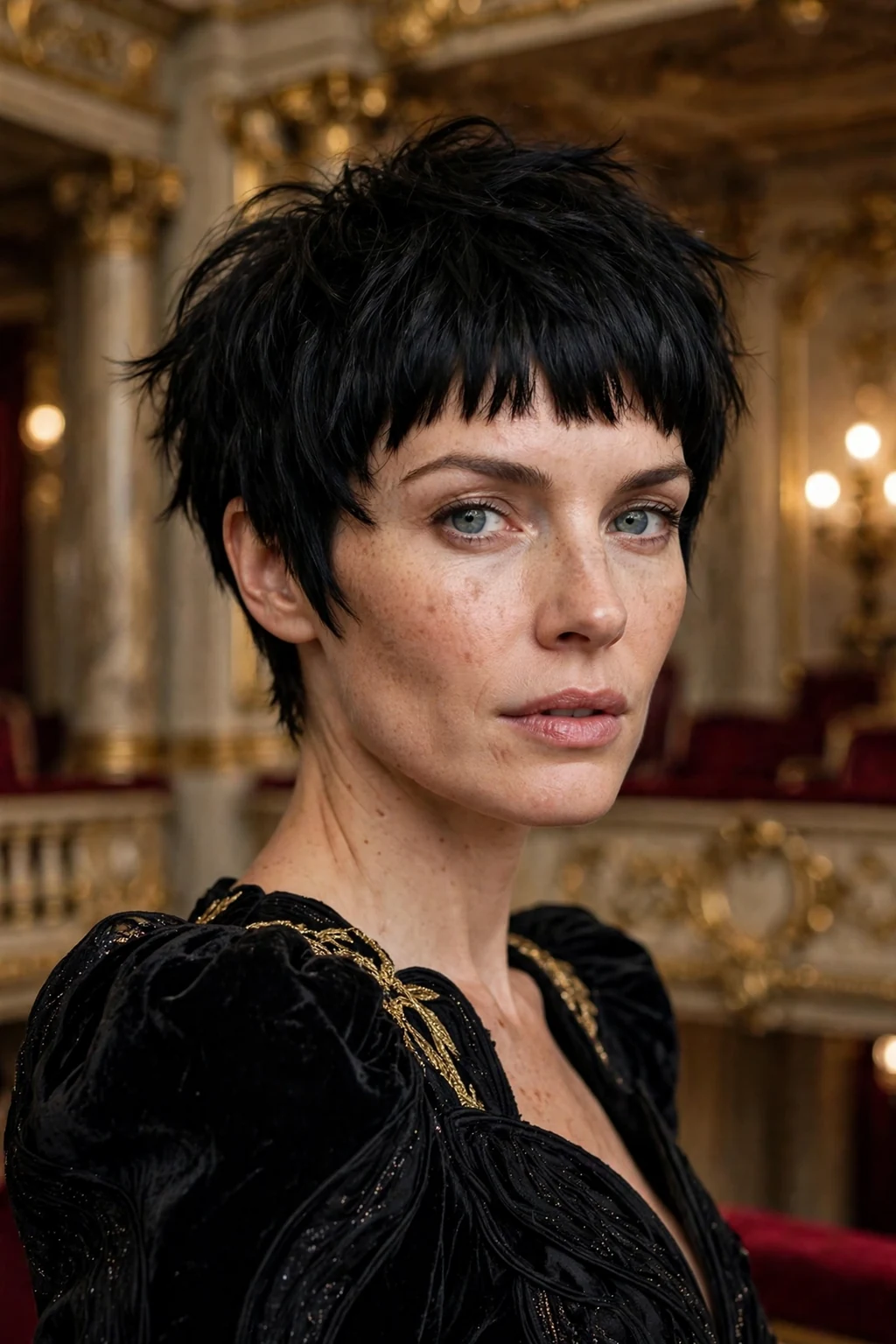 Beautiful woman with dramatic pixie bangs, striking dramatic pixie bangs, bold light.