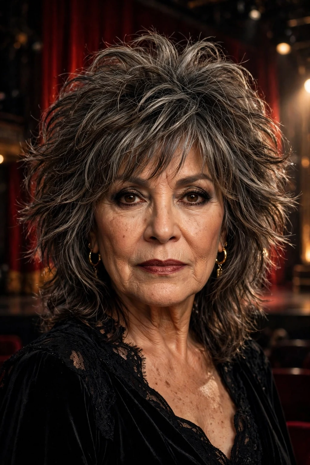 Beautiful woman over 50 with dramatic shag, bold dramatic shag, striking light.