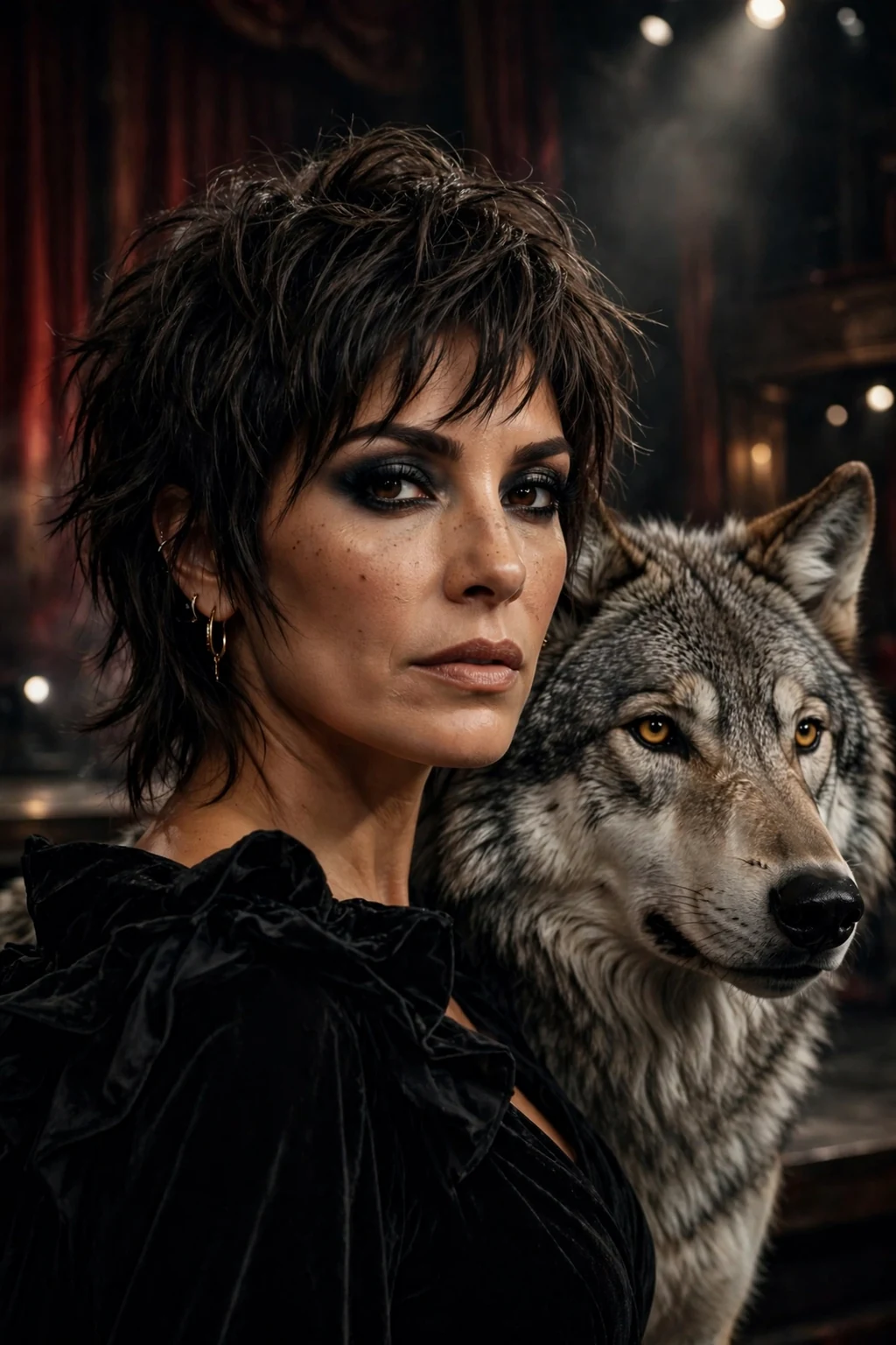 Beautiful woman with dramatic wolf cut, bold dramatic wolf, striking light.