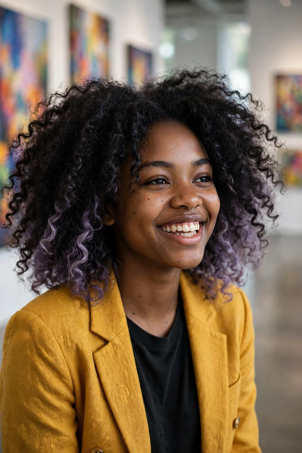 Young Black woman in her early 20s with voluminous natural curls revealing dusty lavender underlights, wearing a mustard-yellow blazer in a modern art gallery.
