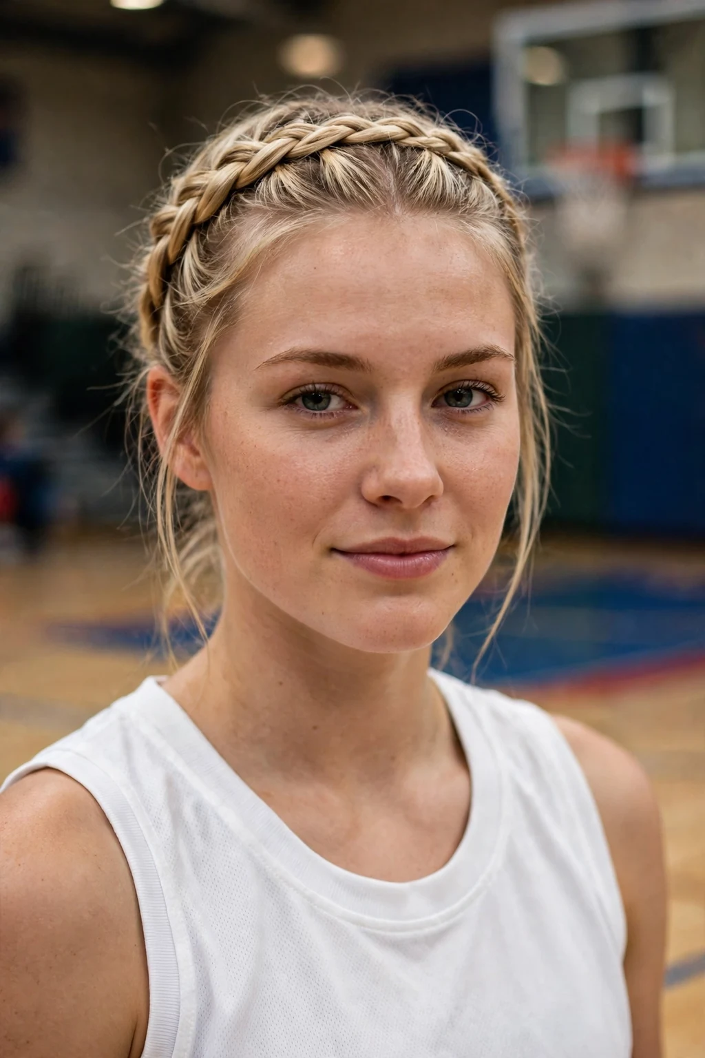 Young woman athlete with a Dutch braid crown, wearing a white jersey.