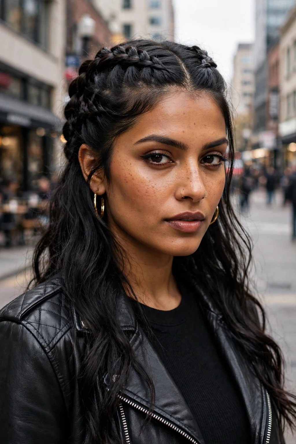 Beautiful woman with half-up with dutch braid, bold dutch braid half-up, striking light.