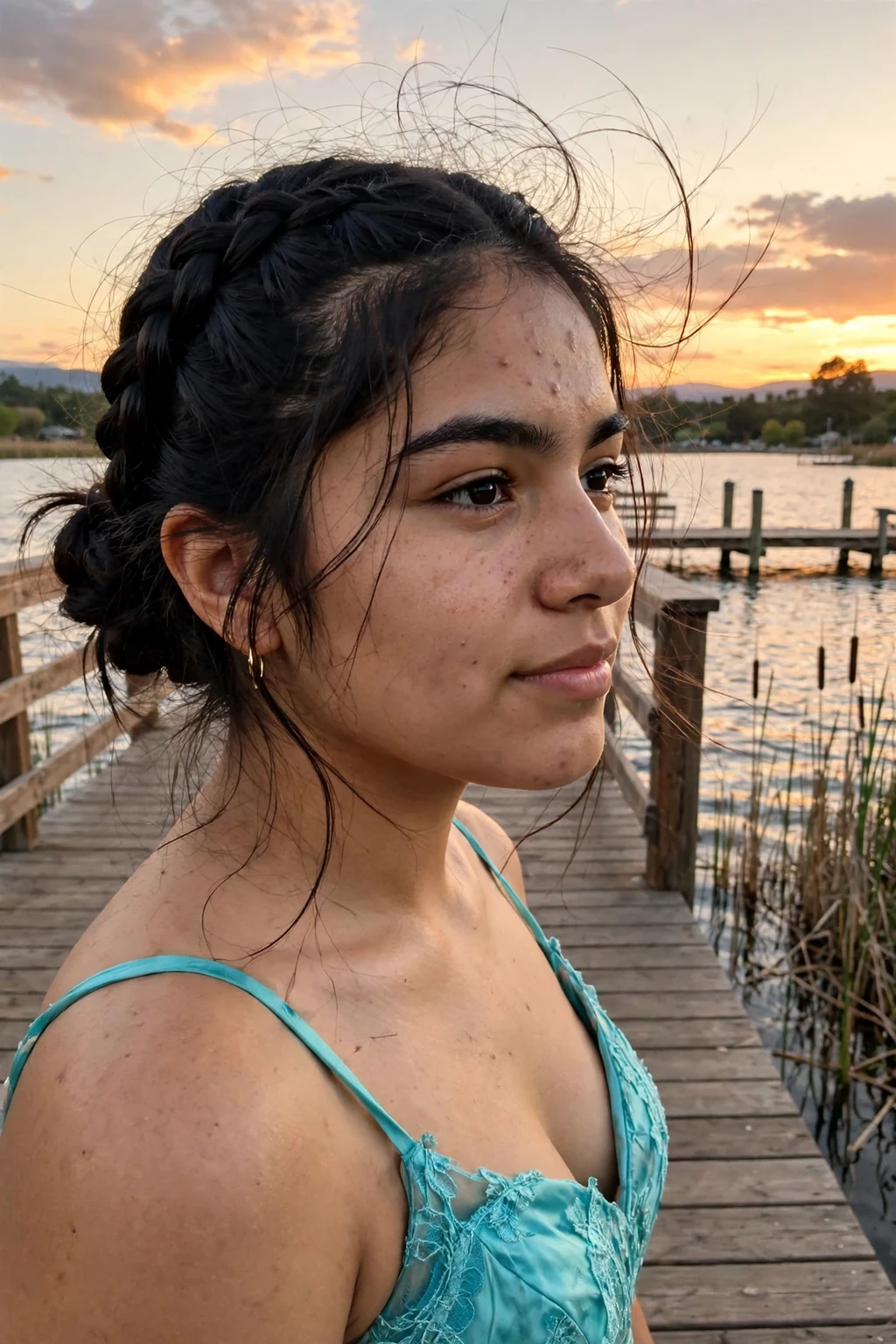 A young woman with long hair in a Dutch braid leading into a low bun.