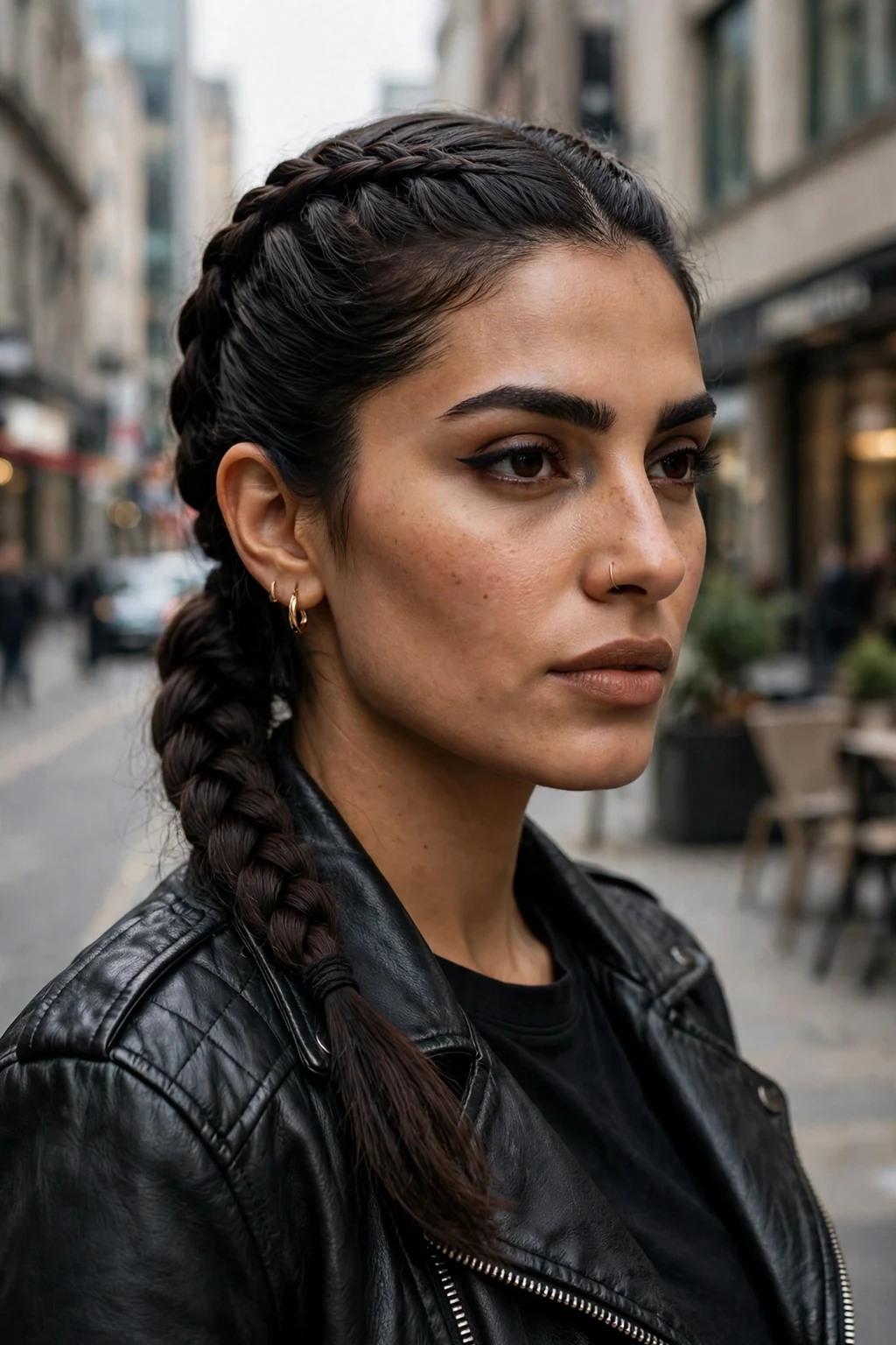 Beautiful woman with low pony with dutch braid, bold dutch low pony, striking light.