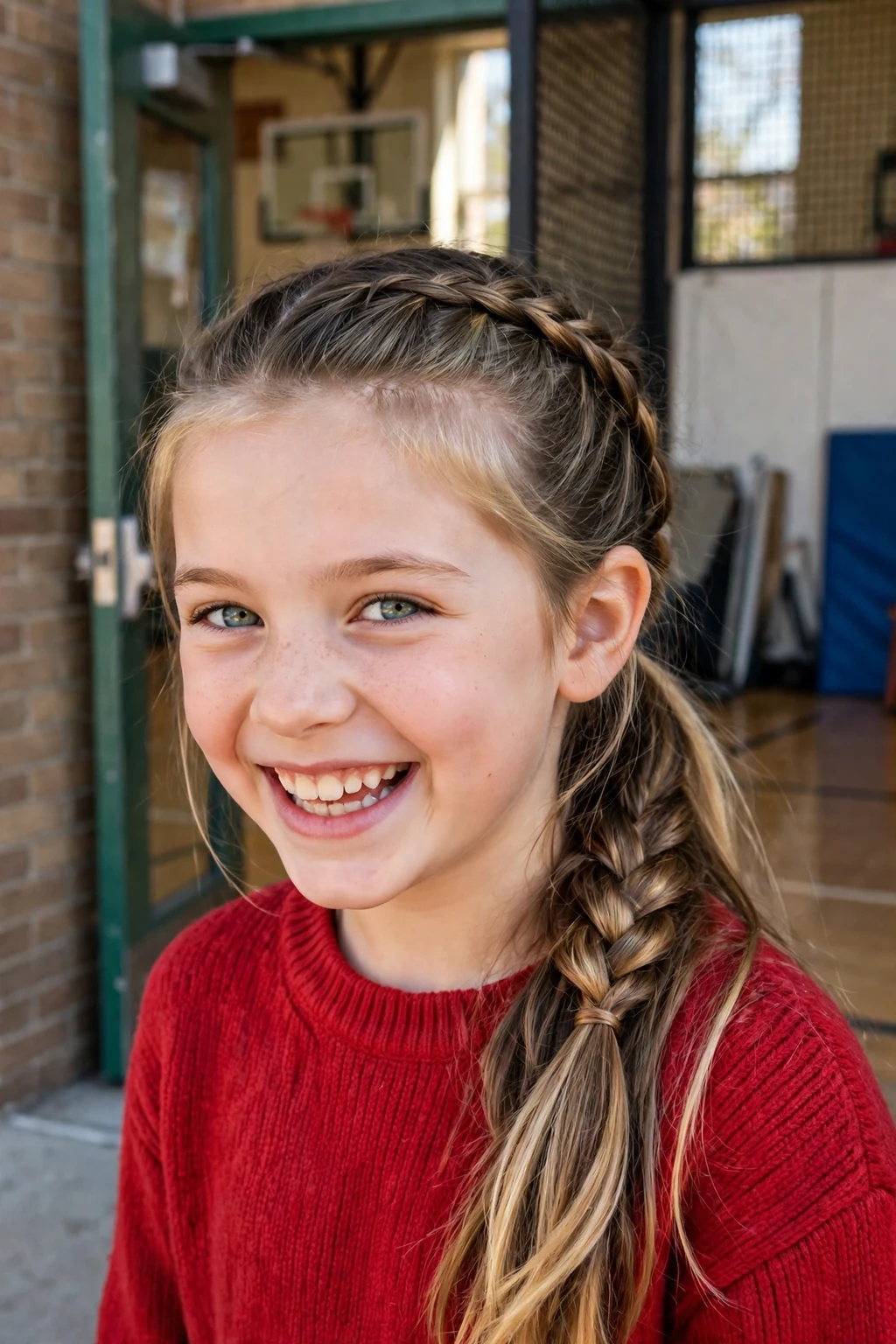 A young girl with a Dutch braid ponytail smiling for her school picture.