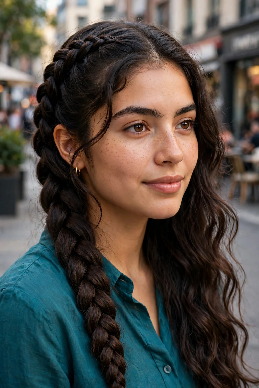 A young woman with a bold Dutch braid standing out from her head, wearing a teal blouse on a city street.