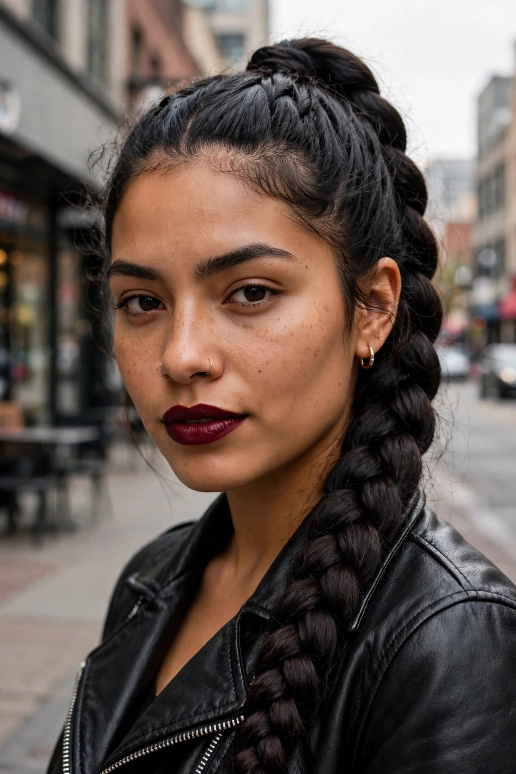 Beautiful woman with dutch braid, bold dutch braid, striking light.