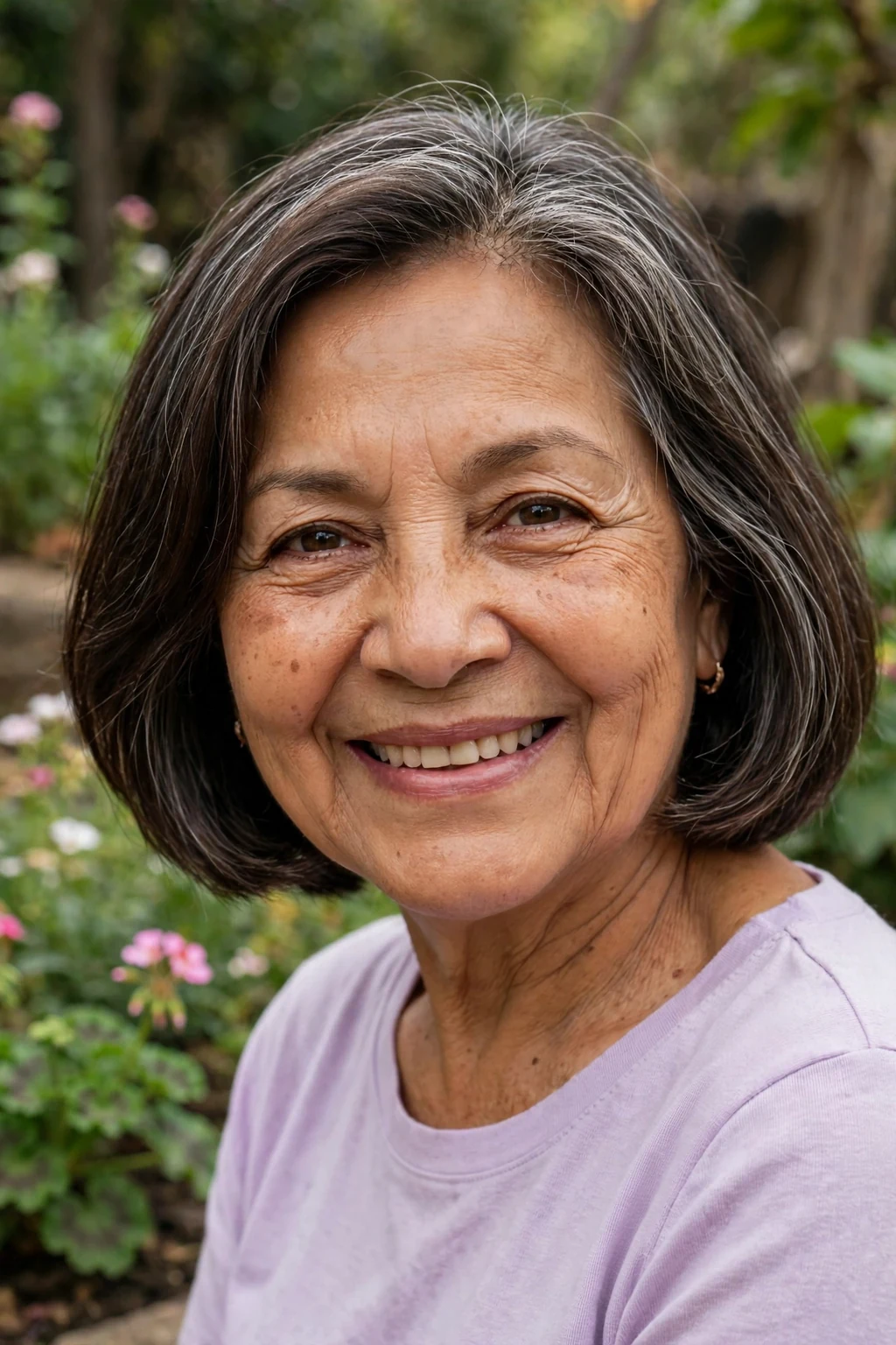 Beautiful older woman with easy bob, simple wash-and-wear bob, chic light.