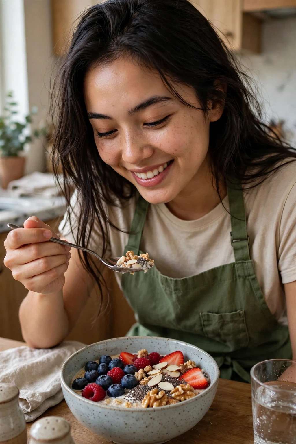 A young woman with healthy glossy hair enjoying a nutritious breakfast bowl with fruits and nuts.