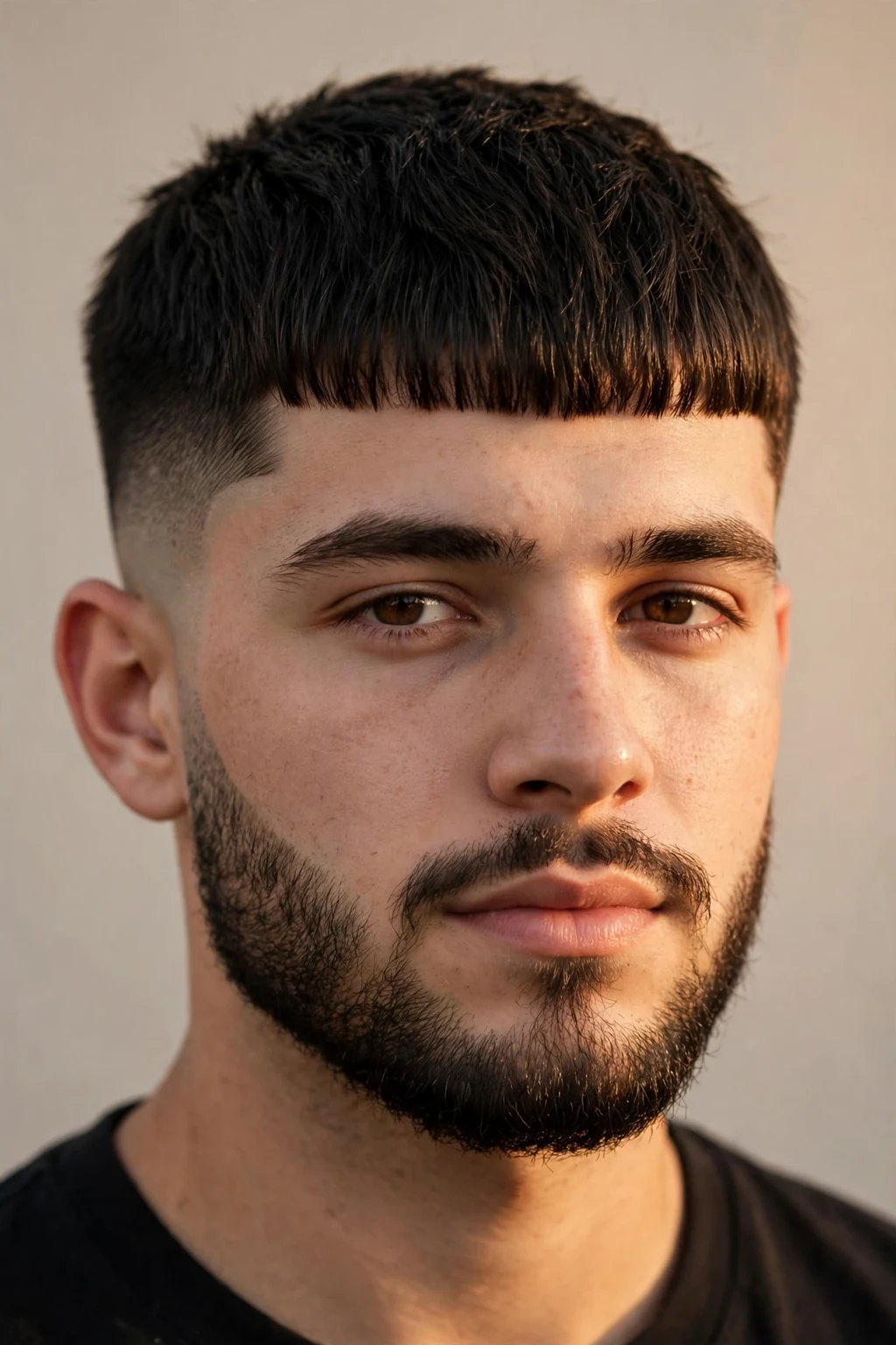 Man with Edgar cut blended into beard, seamless hair-to-beard transition, warm light.
